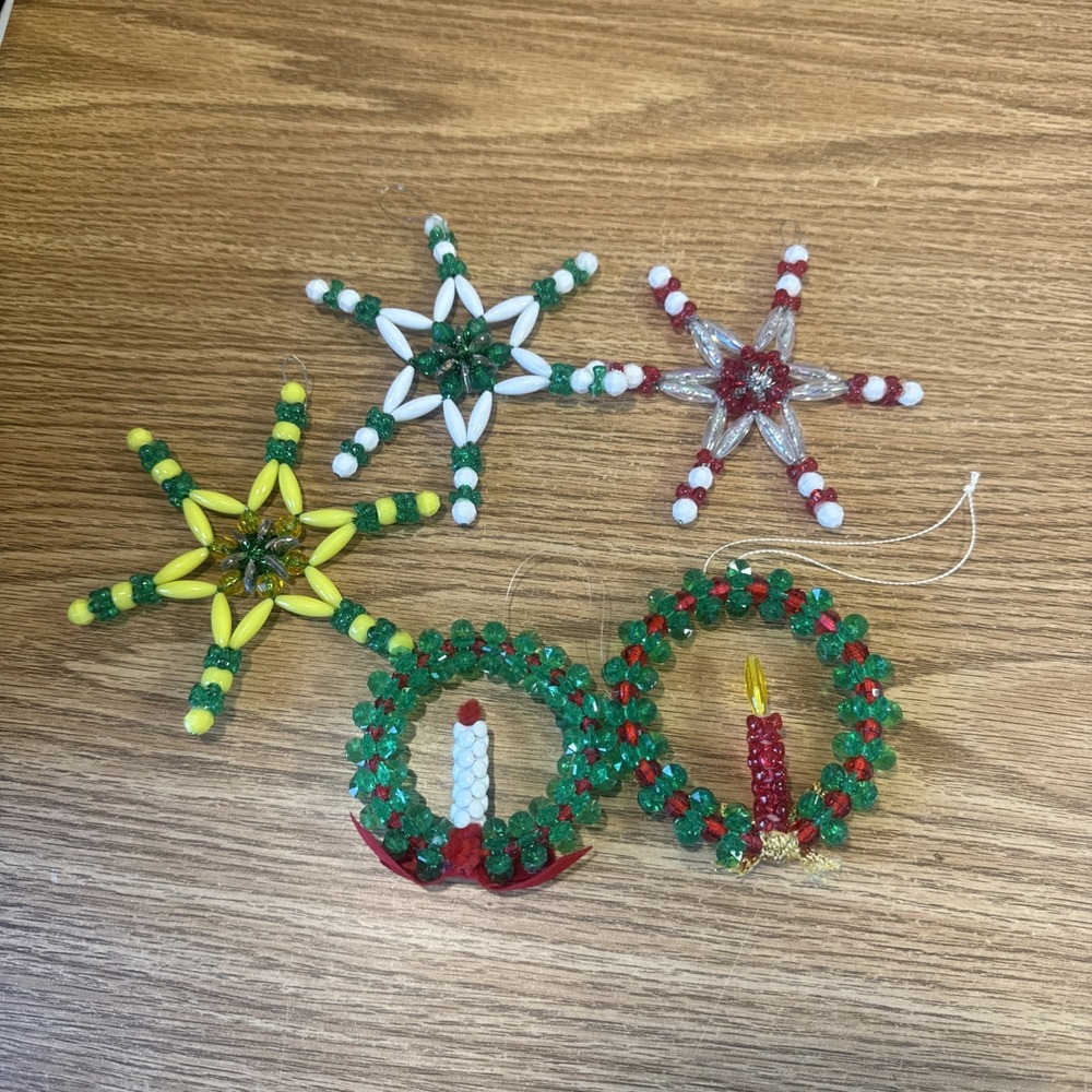 Lot of 5 Vintage Handmade Beaded Christmas Ornaments‎ Stars and Wreath